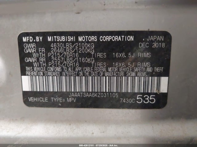 JA4AT3AA6KZ031105 Mitsubishi Eclipse Cross Es