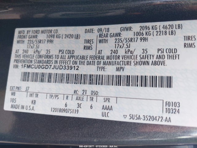 1FMCU0GD7JUD33912 Ford 1.5l gtdi sigma w/premium fuel
