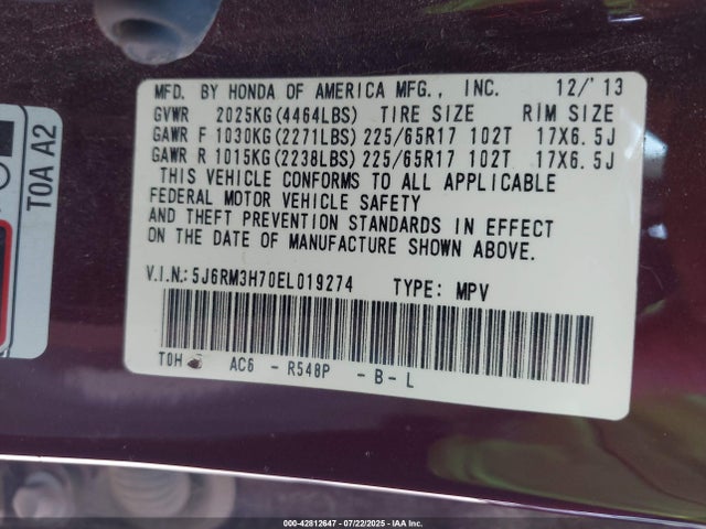 Honda k24z7 2014 5J6RM3H70EL019274 Image 9