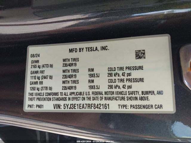 5YJ3E1EA7RF842161 Tesla MODEL 3