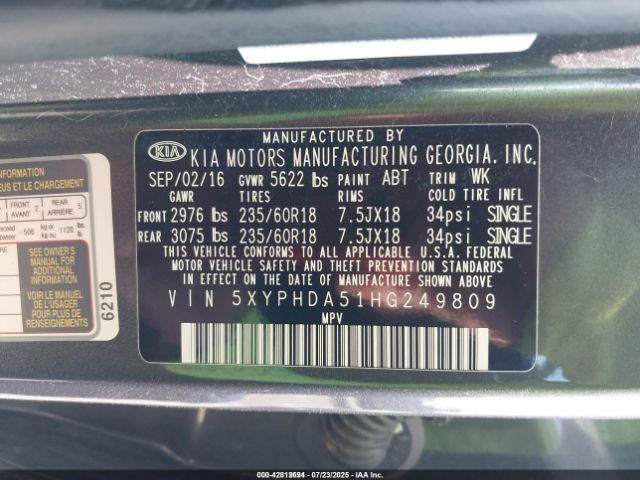2017 KIA SORENTO 5XYPHDA51HG249809 Photo 8