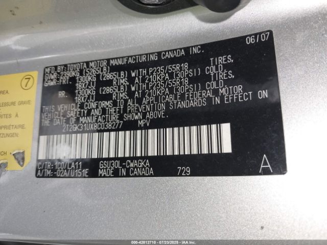 2008 LEXUS RX 350 2T2GK31UX8C038277 Photo 8