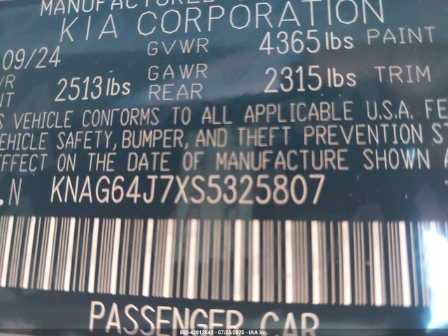 KNAG64J7XS5325807 KIA gdi theta iii