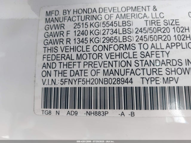 Honda j35y6 2022 5FNYF5H20NB028944 Image 9