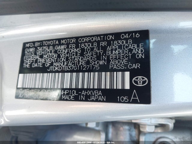 JTDKDTB37G1127175 Toyota 1nz-fxe+1lm