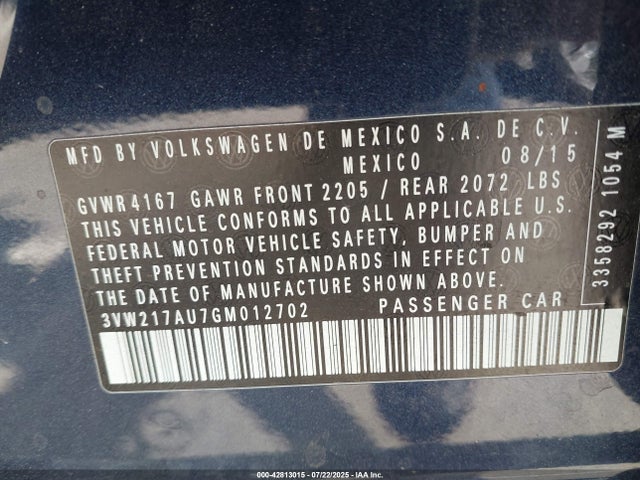 Volkswagen 1.8 tsi 2016 3VW217AU7GM012702 Image 9