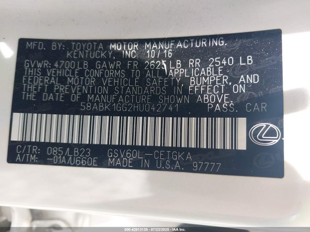 58ABK1GG2HU042741 Lexus 2gr-fe
