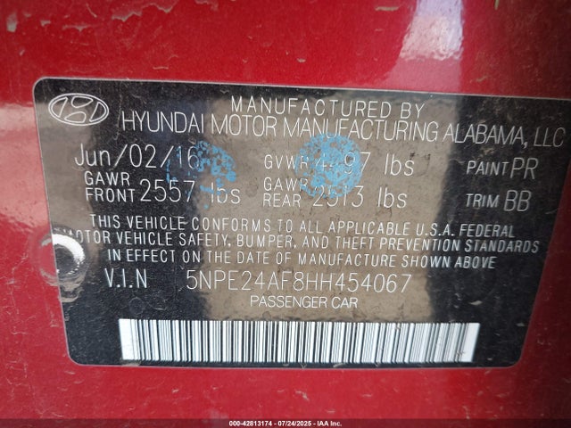 5NPE24AF8HH454067 Hyundai 2017