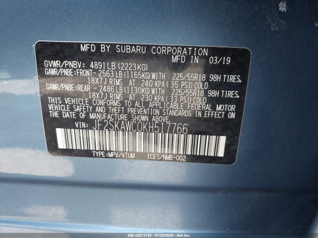 Subaru naturally aspirated u5 2019 JF2SKAWC0KH517766 Image 9