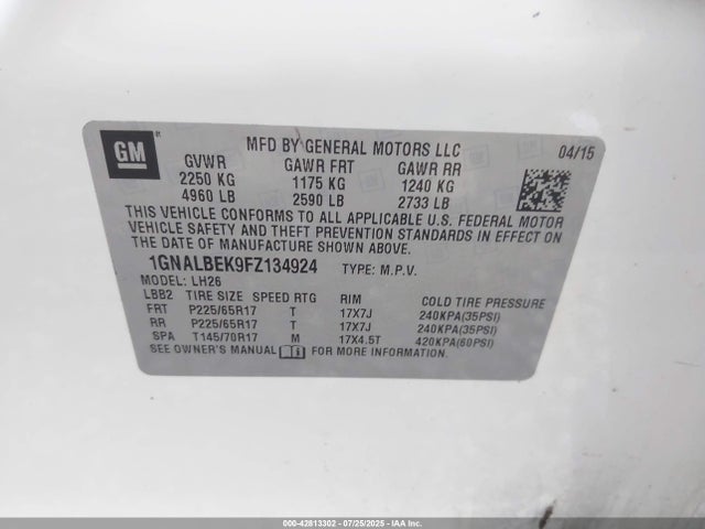 1GNALBEK9FZ134924 Chevrolet lea - flex fuel (gas/alc), aluminum, ho,
