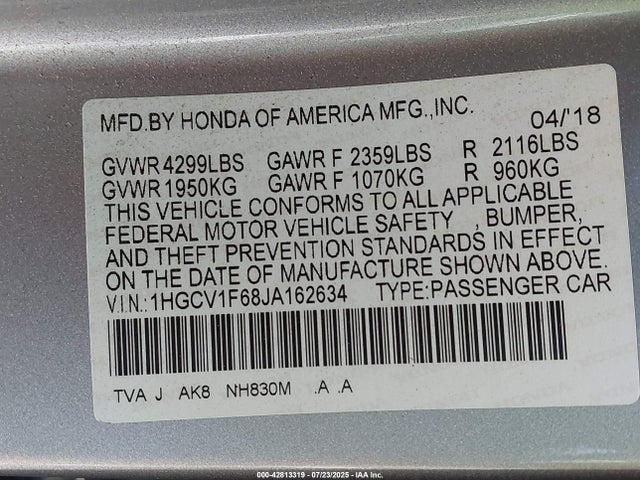 1HGCV1F68JA162634 Honda l15be