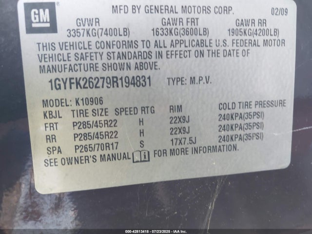 2009 CADILLAC ESCALADE ESV 1GYFK26279R194831 Photo 8