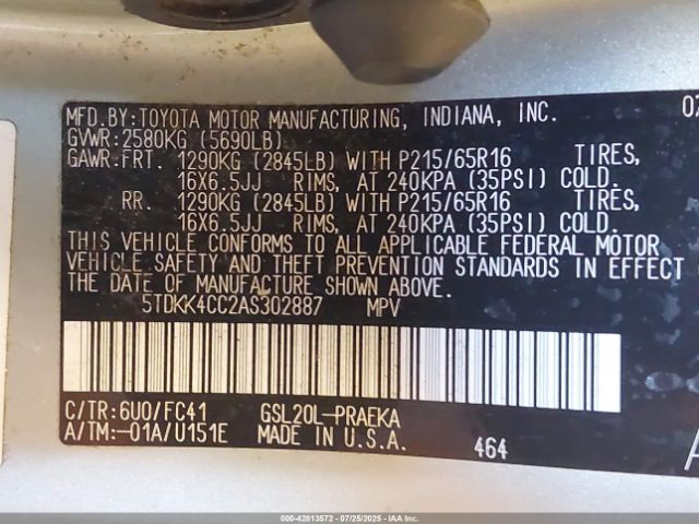 2010 TOYOTA SIENNA 5TDKK4CC2AS302887 Photo 8