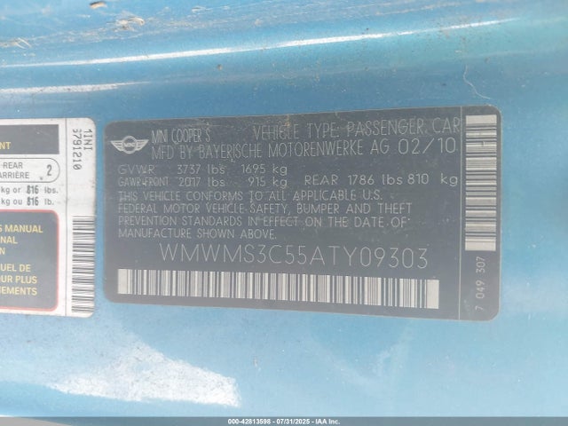 2010 MINI COOPER S WMWMS3C55ATY09303 Photo 8
