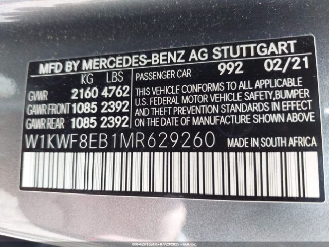 2021 MERCEDES-BENZ C 300 W1KWF8EB1MR629260 Photo 8