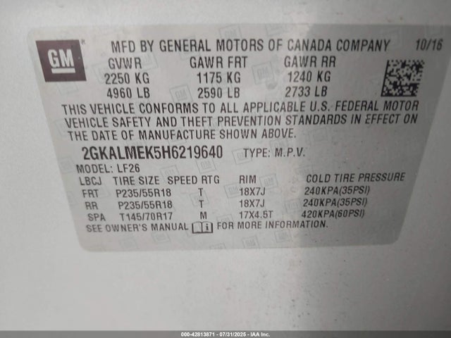 GMC lea - sidi: spark ignited direct injection, e85 max, alum 2017 2GKALMEK5H6219640 Image 9