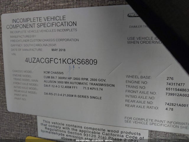 Freightliner cummins b6.7 2019 4UZACGFC1KCKS6809 Image 9