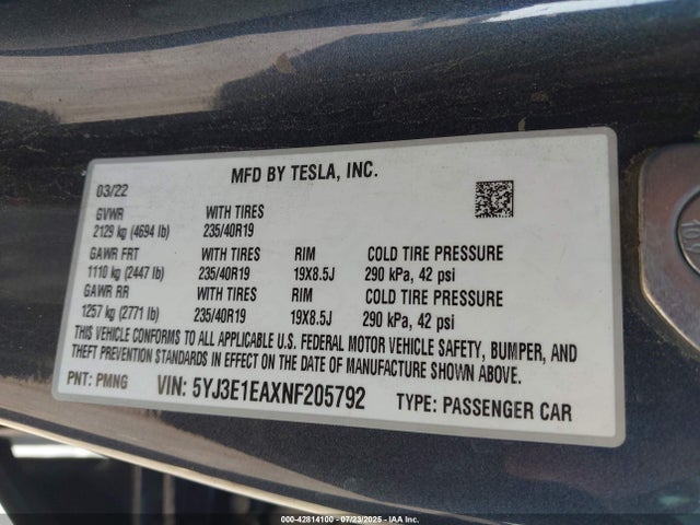 2022 TESLA MODEL 3 5YJ3E1EAXNF205792 Photo 8