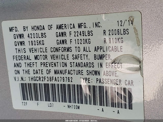 Honda k24w1 2015 1HGCR2F38FA079762 Image 9