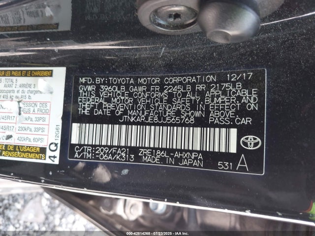 JTNKARJE8JJ565768 Toyota 2zr-fae