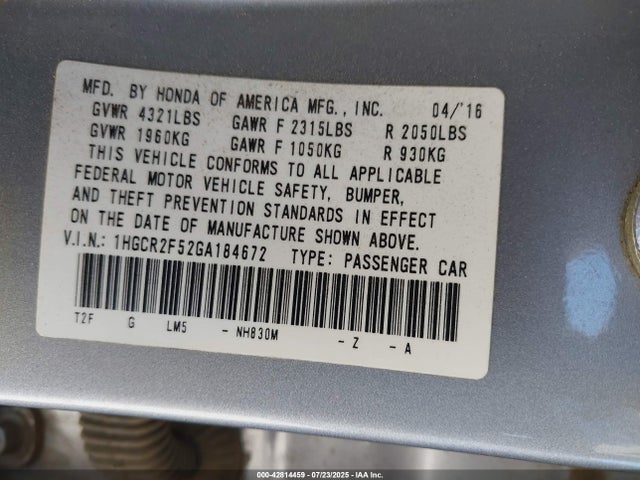 1HGCR2F52GA184672 Honda k24w1