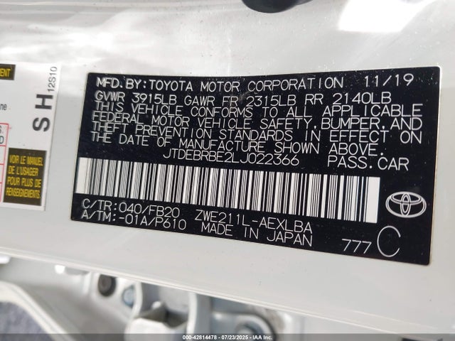 Toyota 2zr-fxe, 1nm 2020 JTDEBRBE2LJ022366 Image 9