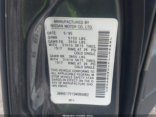 42814519 :رقم المزاد ، JN8HD17Y1SW084682 vin ، 1995 Nissan Pathfinder Le/se/xe مزاد بيع