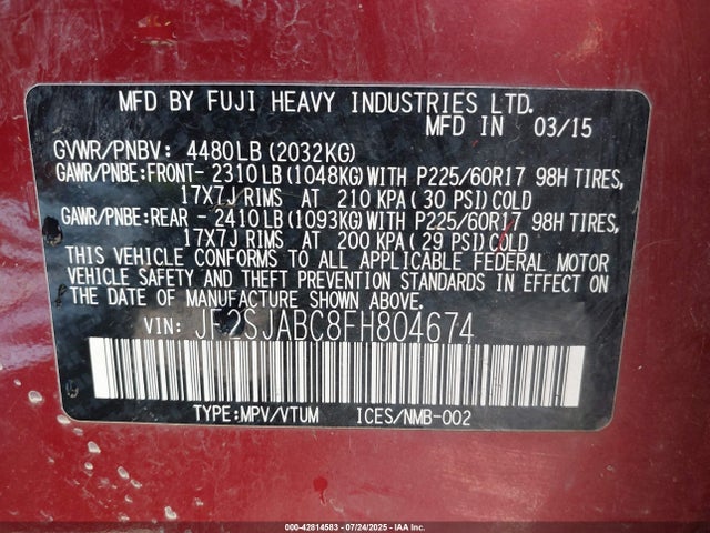 Subaru 2.5na u5 2015 JF2SJABC8FH804674 Image 9