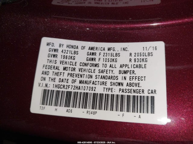 1HGCR2F72HA107092 Honda k24w1