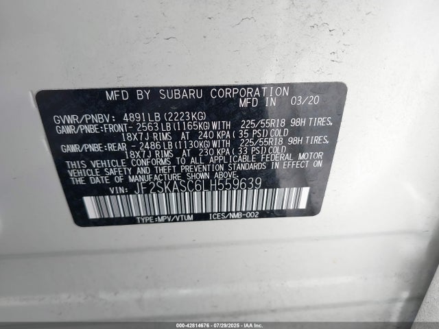 JF2SKASC6LH559639 Subaru naturally aspirated u5