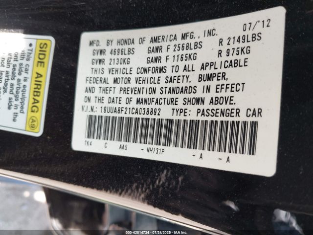 2012 ACURA TL 19UUA8F21CA038892 Photo 8