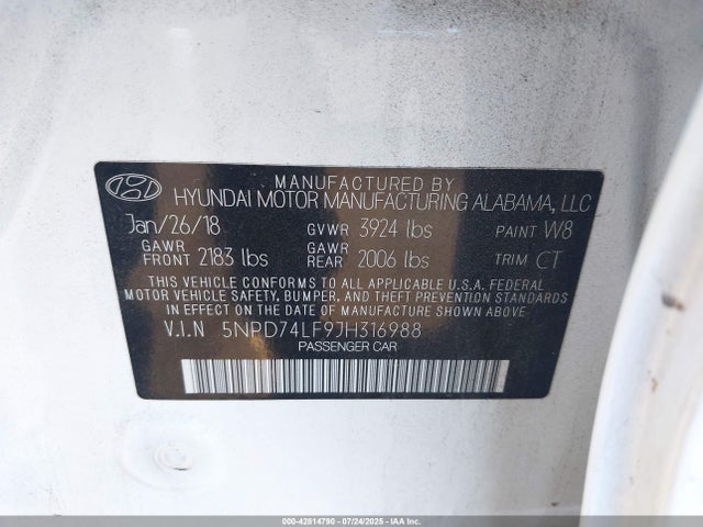 5NPD74LF9JH316988 Hyundai mpi nu