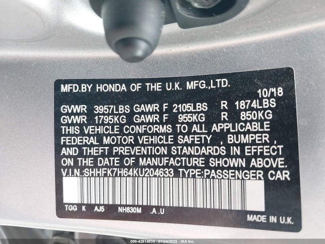 Honda l15ba 2019 SHHFK7H64KU204633 Image 9