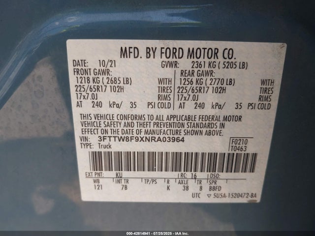 Ford ecoboost 2022 3FTTW8F9XNRA03964 Image 9
