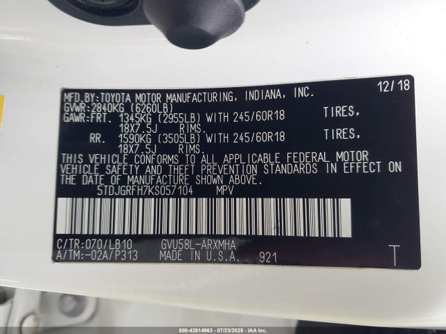5TDJGRFH7KS057104 Toyota 2gr-fxs, 4jm+2fm