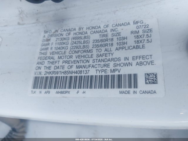 2HKRW1H85NH408137 Honda l15be