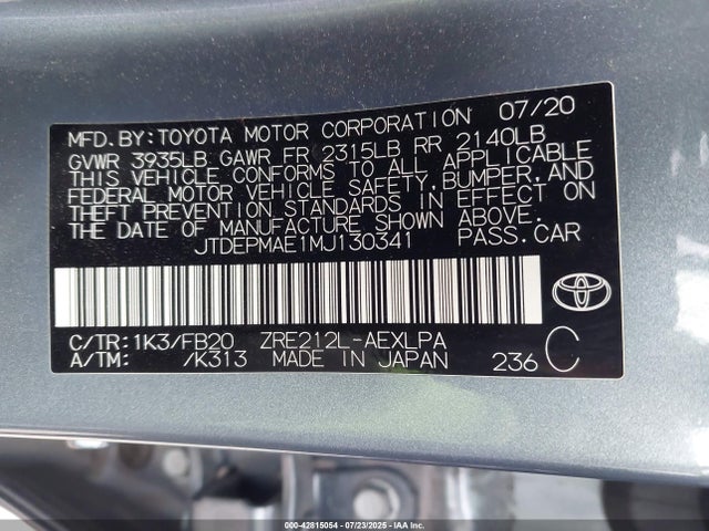 JTDEPMAE1MJ130341 Toyota 2zr-fae