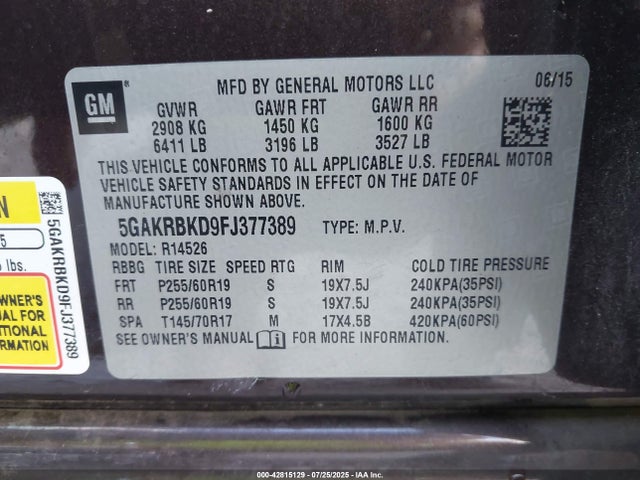 Buick llt 2015 5GAKRBKD9FJ377389 Image 9