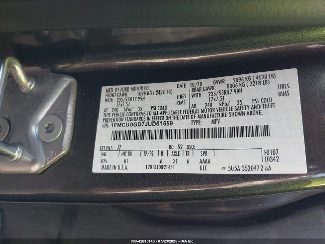 1FMCU0GD7JUD61659 Ford 1.5l gtdi sigma w/premium fuel