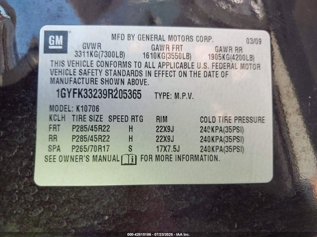 2009 CADILLAC ESCALADE 1GYFK33239R205365 Photo 8