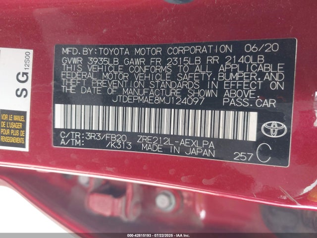 JTDEPMAE8MJ124097 Toyota 2zr-fae