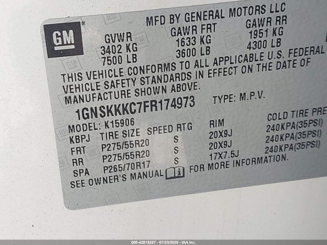 1GNSKKKC7FR174973 Chevrolet l83 - vvt, active fuel management, aluminum