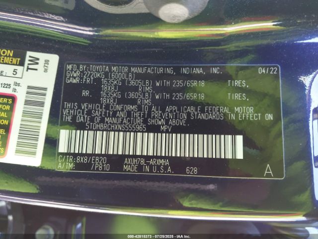 2022 TOYOTA HIGHLANDER 5TDHBRCHXNS555965 Photo 8