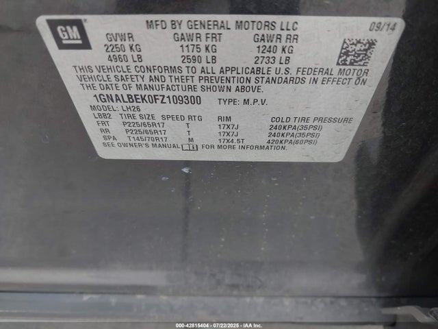 1GNALBEK0FZ109300 Chevrolet lea - flex fuel (gas/alc), aluminum, ho,