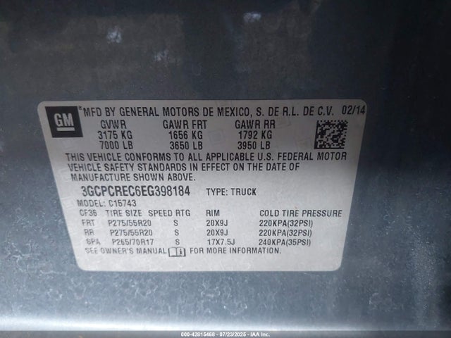 3GCPCREC6EG398184 Chevrolet l83 - vvt, afm (active fuel management), aluminum