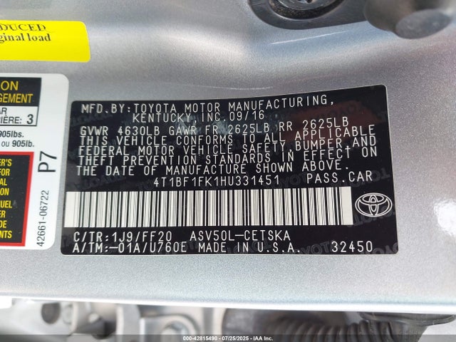 4T1BF1FK1HU331451 Toyota 2ar-fe