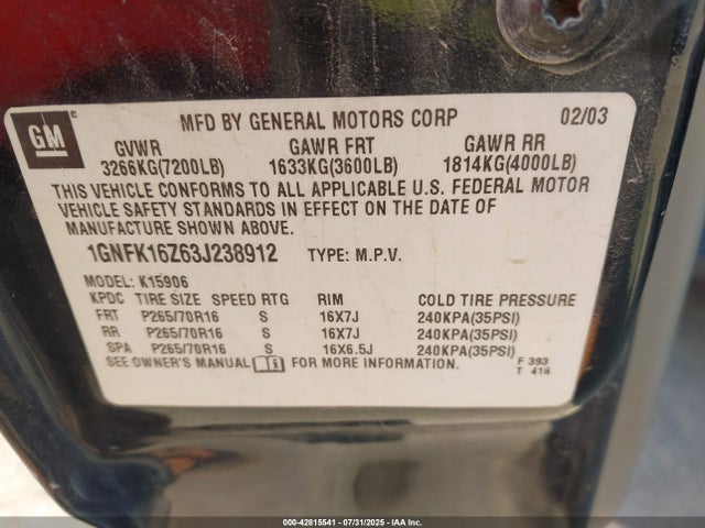 2003 CHEVROLET SUBURBAN 1GNFK16Z63J238912 Photo 8