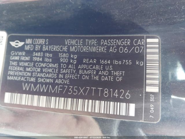 2007 MINI COOPER S WMWMF735X7TT81426 Photo 8