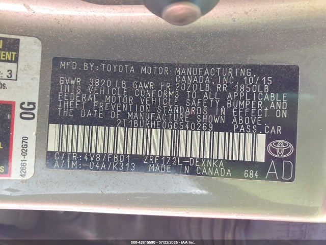 2T1BURHE0GC540269 Toyota 2zr-fe