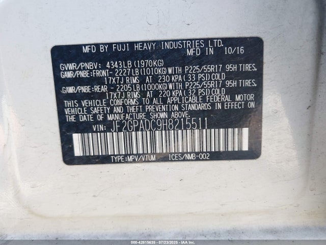 JF2GPADC9H8215511 Subaru naturally aspirated